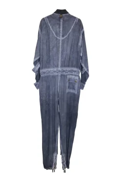 Washed dark indigo silk garment dyed zip up slouchy cargo jumpsuit