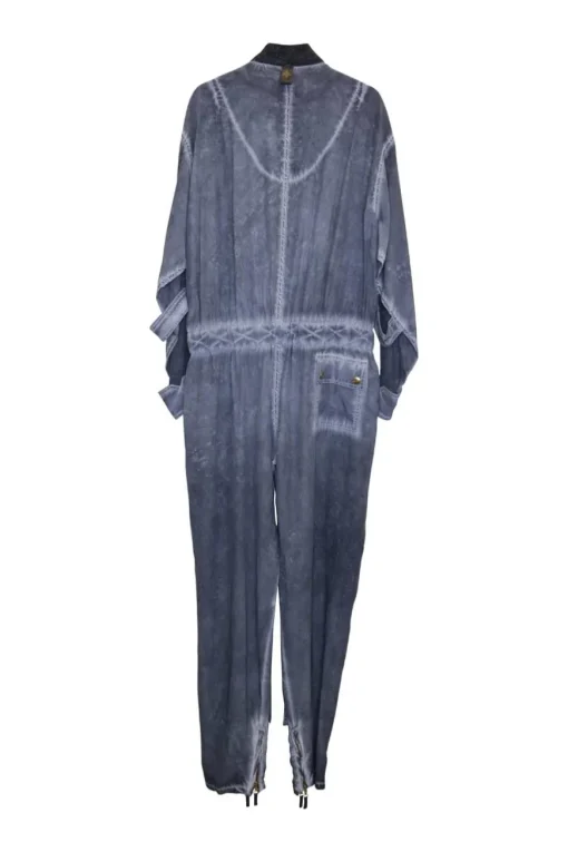 Washed dark indigo silk garment dyed zip up slouchy cargo jumpsuit
