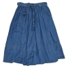 Washed indigo cotton chambray belted A-line midi skirt with hip patch pocket