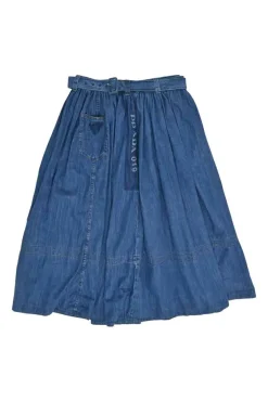 Washed indigo cotton chambray belted A-line midi skirt with hip patch pocket