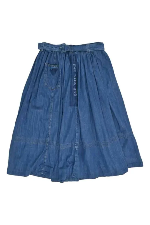 Washed indigo cotton chambray belted A-line midi skirt with hip patch pocket