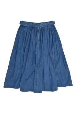 Washed indigo cotton chambray belted A-line midi skirt with hip patch pocket