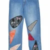 Washed indigo cotton denim pull-on high-rise straight-leg jeans with contrast patch appliqué