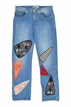 Washed indigo cotton denim pull-on high-rise straight-leg jeans with contrast patch appliqué