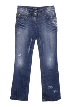 Washed indigo cotton denim low-rise bootcut jeans with whiskering details at hip level