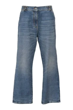 Washed indigo cotton denim high-rise straight-leg jeans featuring novelty Coco Mark belt loops
