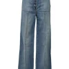 Washed indigo cotton denim pull-on high-rise wide-leg pants with exposed button fly