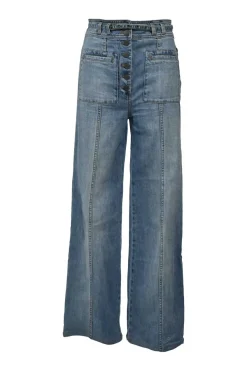 Washed indigo cotton denim pull-on high-rise wide-leg pants with exposed button fly