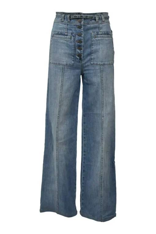 Washed indigo cotton denim pull-on high-rise wide-leg pants with exposed button fly