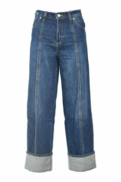 Washed indigo cotton denim pull-on high-rise straight leg jeans with turn-up cuffs