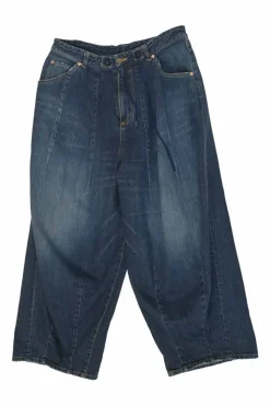 Washed indigo cotton denim pull-on high-rise parachute pants