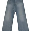 Washed indigo cotton denim pull-on high-rise wide-leg jeans
