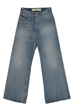 Washed indigo cotton denim pull-on high-rise wide-leg jeans