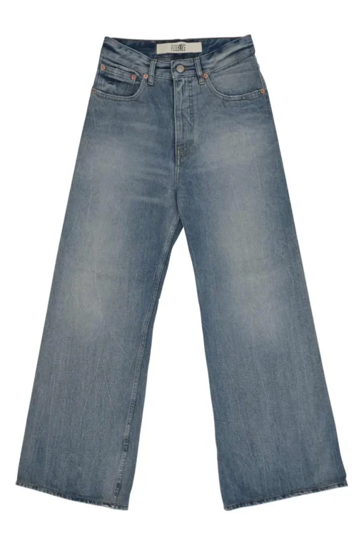 Washed indigo cotton denim pull-on high-rise wide-leg jeans