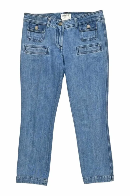Washed indigo cotton denim pull-on low-rise skinny cropped jeans with Coco Mark shank buttons