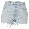 Washed indigo cotton denim pull-on high-rise war-edge logo print shorts