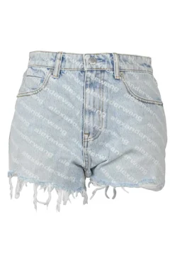 Washed indigo cotton denim pull-on high-rise war-edge logo print shorts