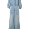 Washed indigo cotton denim slip-on wide-leg jumpsuit with blouson sleeves and concealed placket