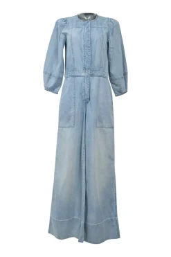 Washed indigo cotton denim slip-on wide-leg jumpsuit with blouson sleeves and concealed placket