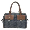 Washed indigo cotton denim and brown leather GG logo jacquard Abbey Boston bag