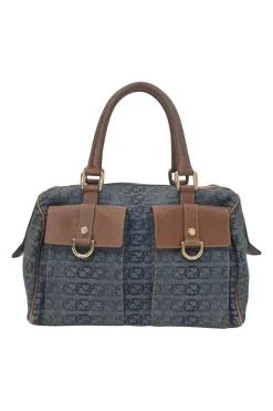 Washed indigo cotton denim and brown leather GG logo jacquard Abbey Boston bag