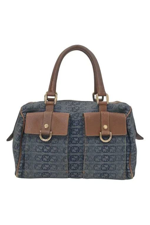 Washed indigo cotton denim and brown leather GG logo jacquard Abbey Boston bag