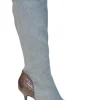 Washed indigo cotton denim and leather pointed-toe zip-up tall boots