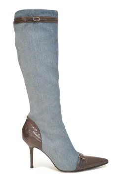 Washed indigo cotton denim and leather pointed-toe zip-up tall boots