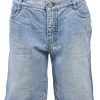 Washed indigo cotton denim pull-on mid-rise bermudas