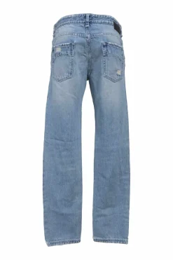 Washed indigo cotton denim distressed low-rise straight-leg jeans