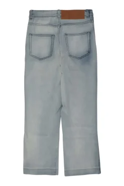 Washed indigo cotton denim pull-on mid-rise straight-leg cropped jeans