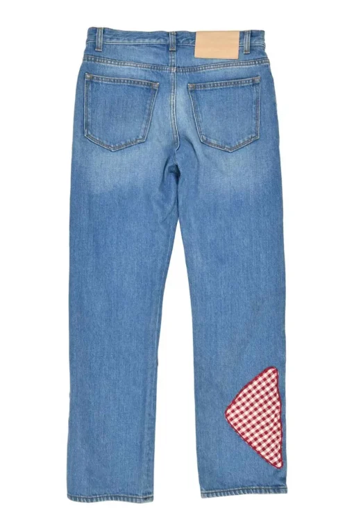 Washed indigo cotton denim pull-on high-rise straight-leg jeans with contrast patch appliqué