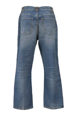 Washed indigo cotton denim high-rise straight-leg jeans featuring novelty Coco Mark belt loops
