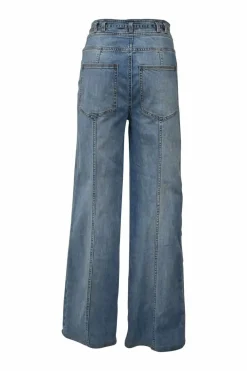 Washed indigo cotton denim pull-on high-rise wide-leg pants with exposed button fly