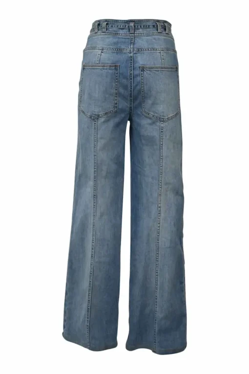 Washed indigo cotton denim pull-on high-rise wide-leg pants with exposed button fly