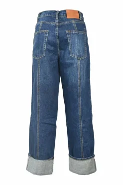 Washed indigo cotton denim pull-on high-rise straight leg jeans with turn-up cuffs