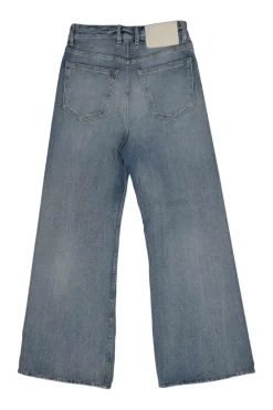 Washed indigo cotton denim pull-on high-rise wide-leg jeans