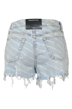 Washed indigo cotton denim pull-on high-rise war-edge logo print shorts