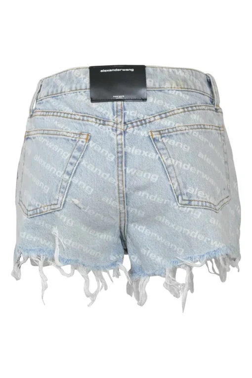 Washed indigo cotton denim pull-on high-rise war-edge logo print shorts