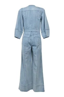 Washed indigo cotton denim slip-on wide-leg jumpsuit with blouson sleeves and concealed placket