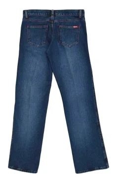 Washed indigo cotton denim denim jacket and low-rise bootcut jeans featuring dragon broderie motif