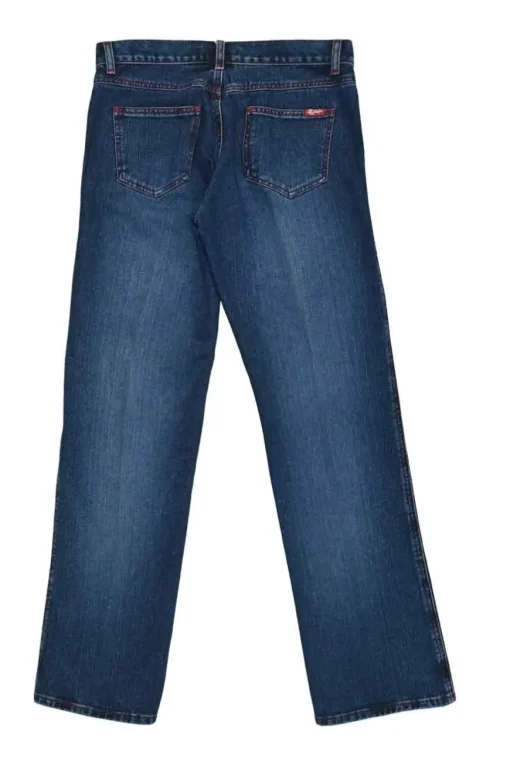 Washed indigo cotton denim denim jacket and low-rise bootcut jeans featuring dragon broderie motif