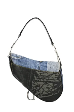 Washed indigo cotton denim-bonded leather Speedway saddle bag