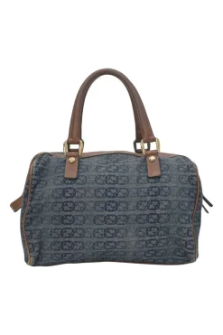 Washed indigo cotton denim and brown leather GG logo jacquard Abbey Boston bag