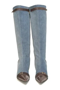 Washed indigo cotton denim and leather pointed-toe zip-up tall boots