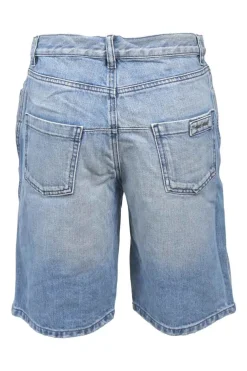 Washed indigo cotton denim pull-on mid-rise bermudas