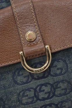 Washed indigo cotton denim and brown leather GG logo jacquard Abbey Boston bag
