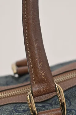 Washed indigo cotton denim and brown leather GG logo jacquard Abbey Boston bag