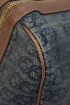 Washed indigo cotton denim and brown leather GG logo jacquard Abbey Boston bag