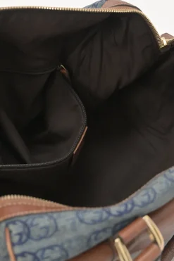 Washed indigo cotton denim and brown leather GG logo jacquard Abbey Boston bag